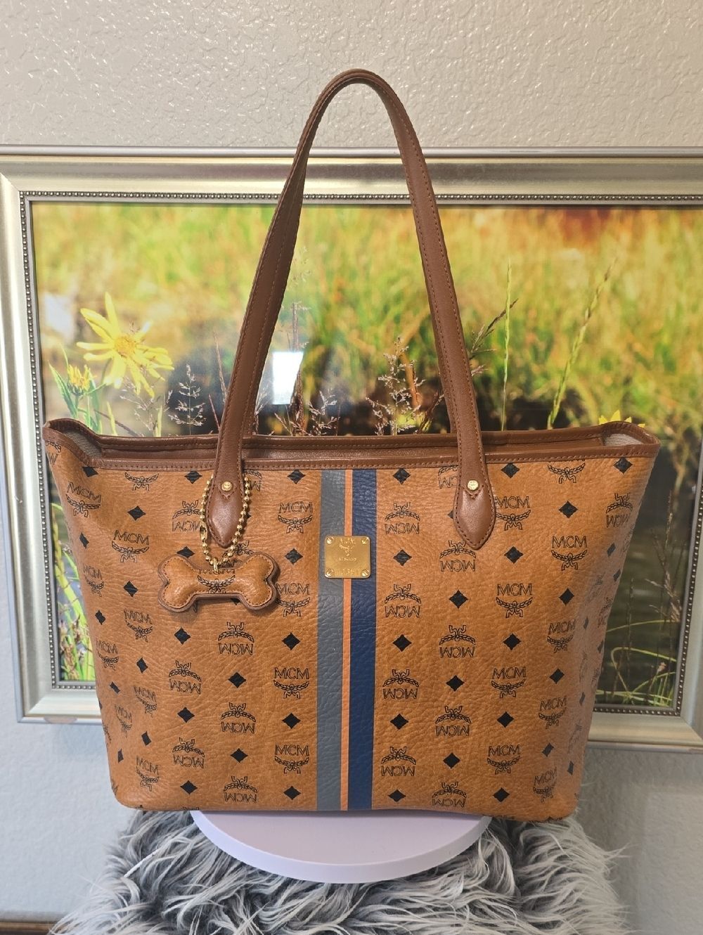 MCM Cognac Visetos Monogram Tote Bag Canvas Shoulder Bag Dog Bone Charm - Picture 7 of 13